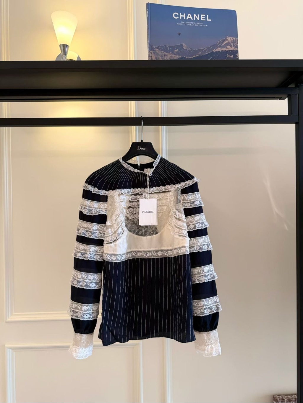 Steal Valentino Navy And White Lace-Trimmed Pinstripe Top